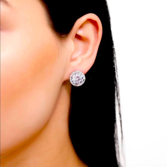 Sterling Silver Round CZ Halo Earrings - Picture 1 of 3